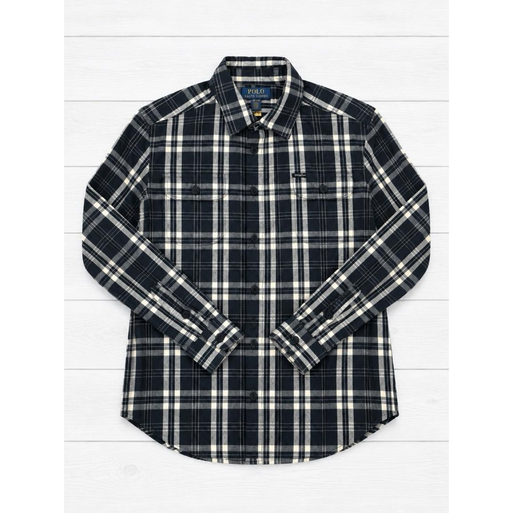 Polo Ralph Lauren Boys M 10-12 Flannel Plaid Button Down Shirt Navy NWT $69